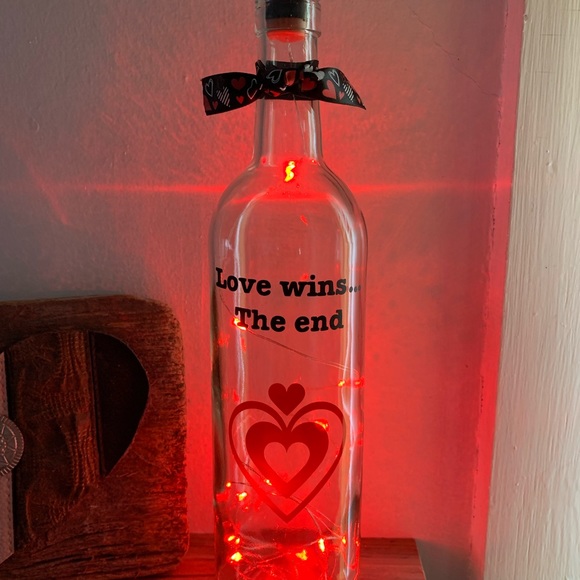 Hand Crafted- ‘Love Wins..’Red fairy light wine bottle lantern with die cut logo - Picture 6 of 9